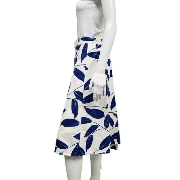 Marni White Blue Leaf Print Cotton and Linen Drill Wrap Midi Skirt Size 40 NEW - Picture 4 of 8